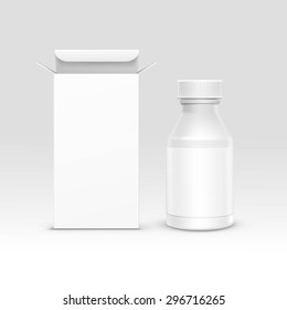 Vector Blank Medicine Medical Packaging Package Paper Box and Plastic Bottle with Cap for Pills and Label Isolated on Background