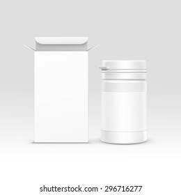 Vector Blank Medicine Medical Packaging Package Paper Box and Plastic Bottle with Cap for Pills and Label Isolated on Background