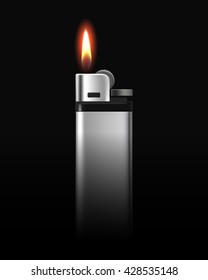 Vector Blank Metal Lighter with Flame Close up Isolated on Black Background