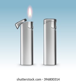 Vector Blank Metal Lighters with Flame Close up Isolated on Background