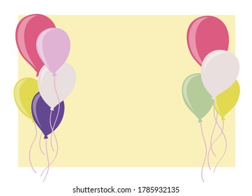 Vector en blanco con globos multicolores alegres, dibujado a mano. Margen alegre y divertido para la publicidad, las vacaciones. Conjunto de globos de colores con helio.