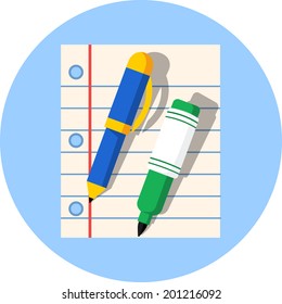 Vector blank note paper with pen and marker