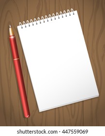 Vector blank notebook with paper sheet laying isolated on wooden texture background. Placard, banner, poster, advertisement backdrop template. Mock up. Text place. Business advertising sample. 