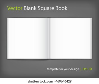 Vector blank of open hardcovered book on neutral grey background. Square format. Using mesh. Template
