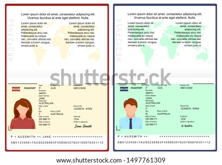 Vector Blank open international passport template. passport with sample personal data page. personal data page with woman photo and man photo . vector illustration