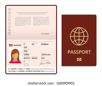 Vector Blank open passport template. International passport with sample personal data page. Document for travel and immigration. Isolated vector illustration.