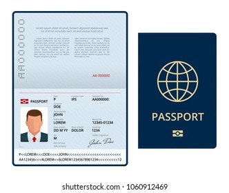 Вектор Пустой открыть шаблон паспорта. Заграничный паспорт с образцом личных данных. Документ для поездок и иммиграции. Изолированная векторная иллюстрация.
