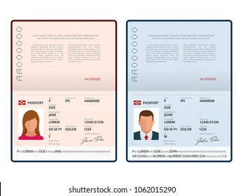 Vector Blank open passport template. International passport with sample personal data page. Document for. Isolated vector illustration