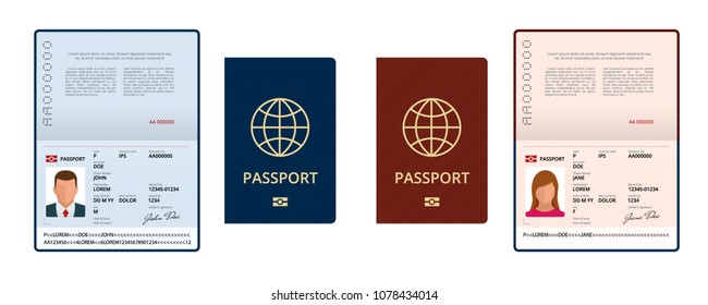 Vector Blank open passport template. International passport with sample personal data page. Document for travel and immigration. Isolated vector illustration