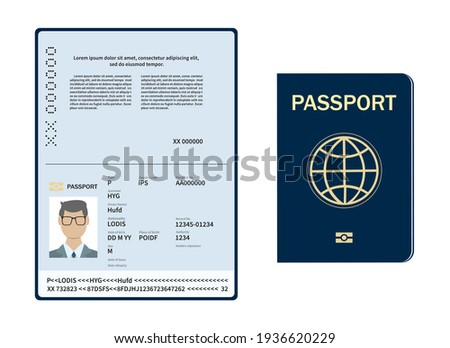 Vector Blank open passport template. International passport with sample personal data page. Vector illustration.