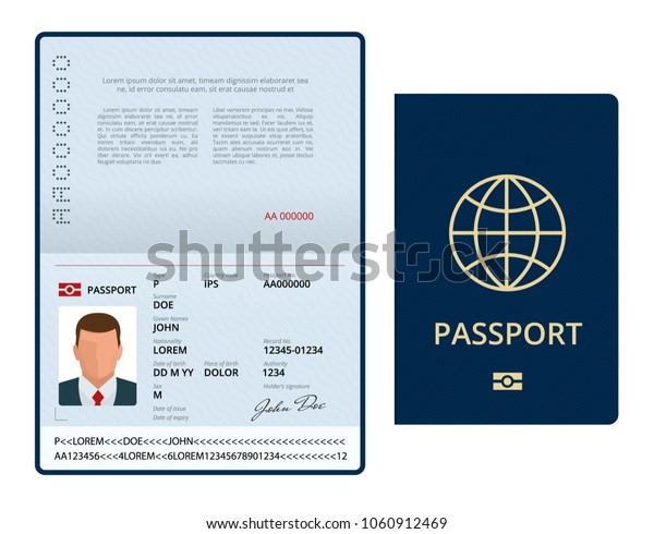 Vector Blank open passport template.\
International passport with sample personal data page. Document for\
travel and immigration. Isolated vector\
illustration.