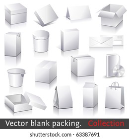 Vector blank packing collection. Set of white paper packaging and stationery elements. Dummies set to place your design on.