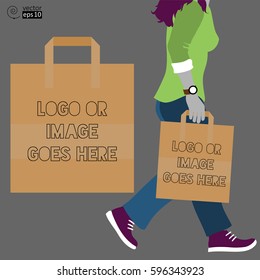 vector blank paper bag template and female silhouette carrying a paper bag. It can be used as a mock-up for placing and modeling of logos, prints and images. flat style.
