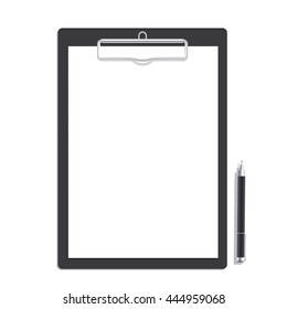 Vector blank paper on a clipboard and black pen mock up Concept.