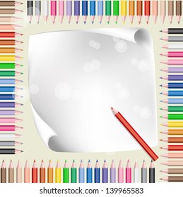 Vector of blank paper on color pencils frame background