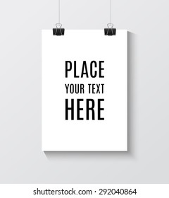 Vector Blank paper poster mock up on white wall. Template of a paper sheet with clips hanging on the rop.