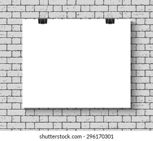 Vector Blank paper poster mock up on the brick wall. Template of a paper sheet with clips. Paper card hanging on the rope.