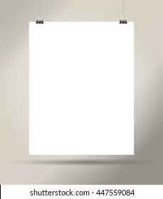 Vector blank paper sheet hanging isolated. Placard, banner, poster, advertisement backdrop template. Mock up. Text place. Business advertising sample. 