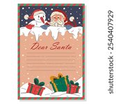 Vector blank paper or sheet for kids wishlist. Letter to Santa Claus. Empty template or card with Santa and snowman fairy tale characters. Making Christmas wishes on winter holidays. Printable page.