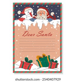 Vector blank paper or sheet for kids wishlist. Letter to Santa Claus. Empty template or card with Santa and snowman fairy tale characters. Making Christmas wishes on winter holidays. Printable page.