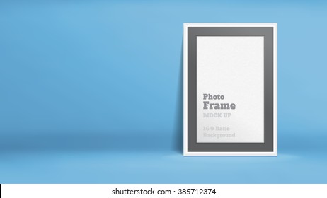 Vector, Blank Photo Frame in blue studio room, Template mock up for display or montage of your content,Business presentation backdrop, 16:9 ratio background