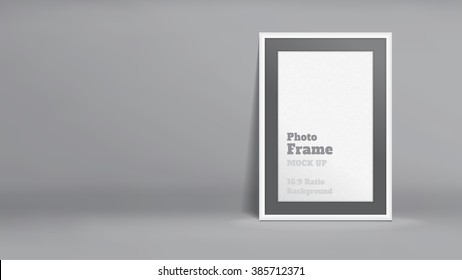 Vector, Blank Photo Frame in dark grey studio room, Template mock up for display or montage of your content,Business presentation backdrop, 16:9 ratio background