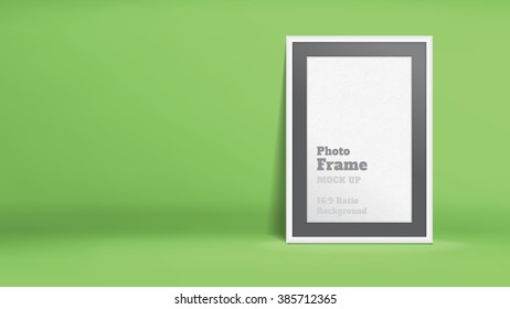 Vector, Blank Photo Frame in lime green studio room, Template mock up for display or montage of your content,Business presentation backdrop, 16:9 ratio background