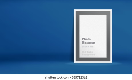 Vector, Blank Photo Frame in navy blue studio room, Template mock up for display or montage of your content,Business presentation backdrop, 16:9 ratio background