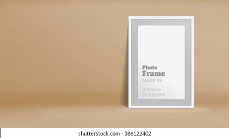 Vector, Blank Photo Frame in pastel brown studio room, Template mock up for display or montage of your content,Business presentation backdrop, 16:9 ratio background