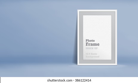 Vector, Blank Photo Frame in pastel blue studio room, Template mock up for display or montage of your content,Business presentation backdrop, 16:9 ratio background