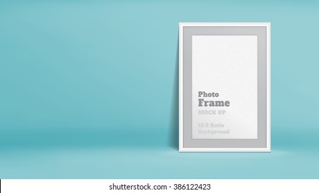 Vector, Blank Photo Frame in pastel turquoise studio room, Template mock up for display or montage of your content,Business presentation backdrop, 16:9 ratio background