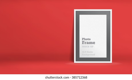 Vector, Blank Photo Frame in red studio room, Template mock up for display or montage of your content,Business presentation backdrop, 16:9 ratio background