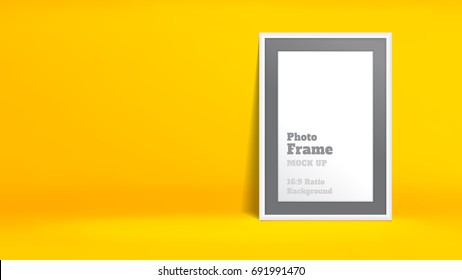 Vector of Blank Photo Frame in vivid yellow studio room, Template mock up for display or montage of your content,Business presentation backdrop, 16:9 ratio background