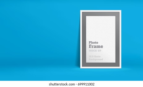 Vector of Blank Photo Frame in vivid blue studio room, Template mock up for display or montage of your content,Business presentation backdrop, 16:9 ratio background.
