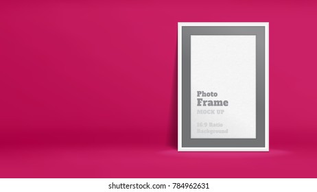 Vector of Blank Photo Frame in vivid pink studio room, Template mock up for display or montage of your content. Business presentation backdrop, 16:9 ratio background