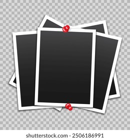 Vector blank photo frames with push pin and shadow isolated on transparent background. Template mockup photo design.