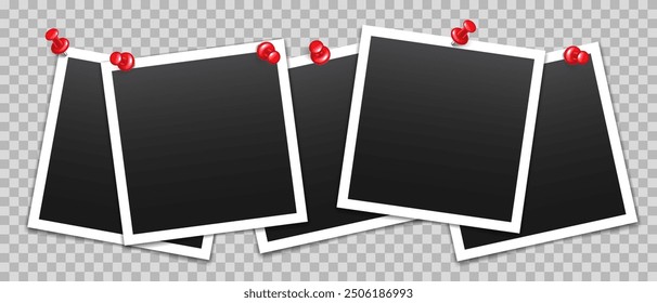 Vector blank photo frames with push pin and shadow isolated on transparent background. Template mockup photo design.