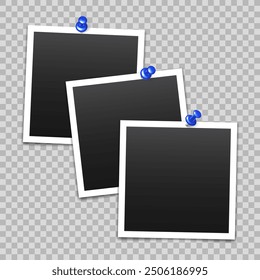 Vector blank photo frames with push pin and shadow isolated on transparent background. Template mockup photo design.