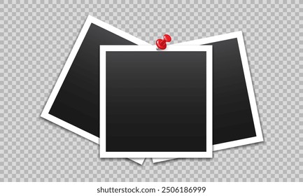 Vector blank photo frames with push pin and shadow isolated on transparent background. Template mockup photo design.