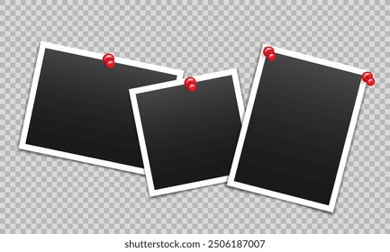 Vector blank photo frames with push pin and shadow isolated on transparent background. Template mockup photo design.