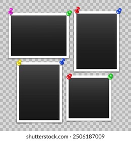 Vector blank photo frames with push pin and shadow isolated on transparent background. Template mockup photo design.