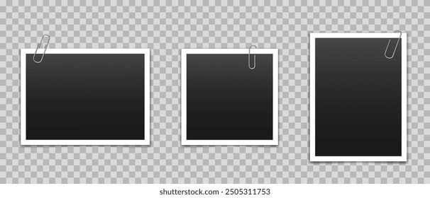 Vector blank photo frames with silver metal paper clip and shadow isolated on transparent background. Template mockup photo design.