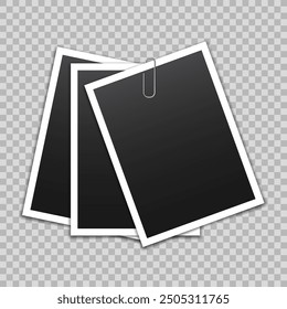 Vector blank photo frames with silver metal paper clip and shadow isolated on transparent background. Template mockup photo design.