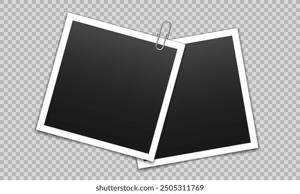 Vector blank photo frames with silver metal paper clip and shadow isolated on transparent background. Template mockup photo design.