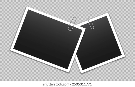 Vector blank photo frames with silver metal paper clip and shadow isolated on transparent background. Template mockup photo design.