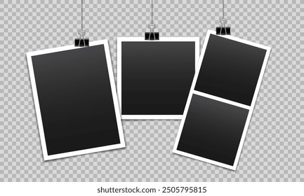 Vector blank photo frames with silver metal paper clip and shadow isolated on transparent background. Template mockup photo design.