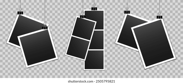Vector blank photo frames with silver metal paper clip and shadow isolated on transparent background. Template mockup photo design.