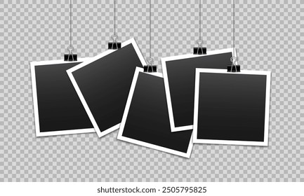 Vector blank photo frames with silver metal paper clip and shadow isolated on transparent background. Template mockup photo design.