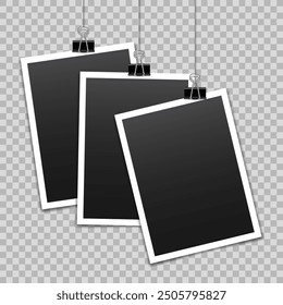 Vector blank photo frames with silver metal paper clip and shadow isolated on transparent background. Template mockup photo design.