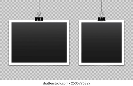 Vector blank photo frames with silver metal paper clip and shadow isolated on transparent background. Template mockup photo design.